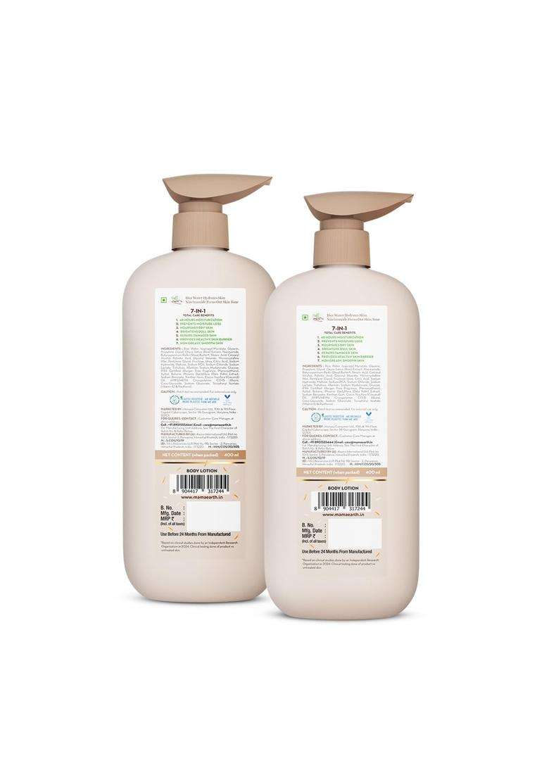 Mamaearth Rice Water Hydrating Body Lotion with Rice Water & Niacinamide for Dewy Glass Skin 400 ml (Pack of 2) | 48H Moisturization | For Dry Skin - Indya