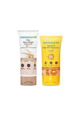 Mamaearth Rice Face Wash with Rice Water & Niacinamide (100 ml) + Vitamin C Daily Glow Sunscreen SPF 50 PA++++ (50g) | Brightening Skincare Combo