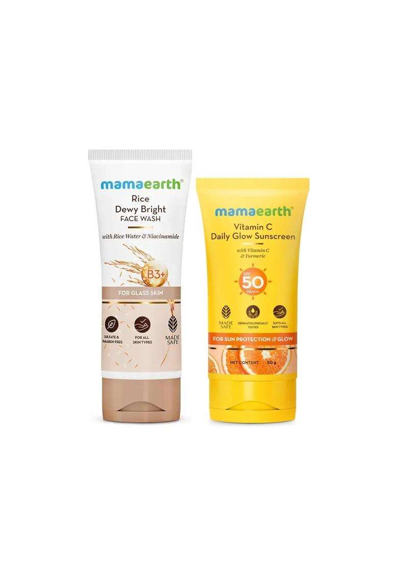 Mamaearth Rice Face Wash with Rice Water & Niacinamide (100 ml) + Vitamin C Daily Glow Sunscreen SPF 50 PA++++ (50g) | Brightening Skincare Combo - Indya