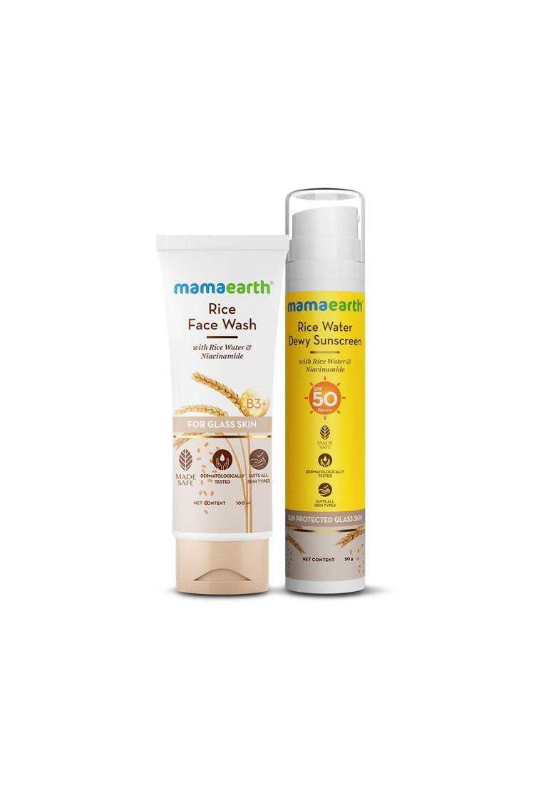 Mamaearth Radiant Rice Glow Combo 100 ml | Rice Face Wash 100 ml & Rice Water Dewy Sunscreen 50g | Gently Cleanses, Gives Glass Skin Glow, Evens Tone - Indya