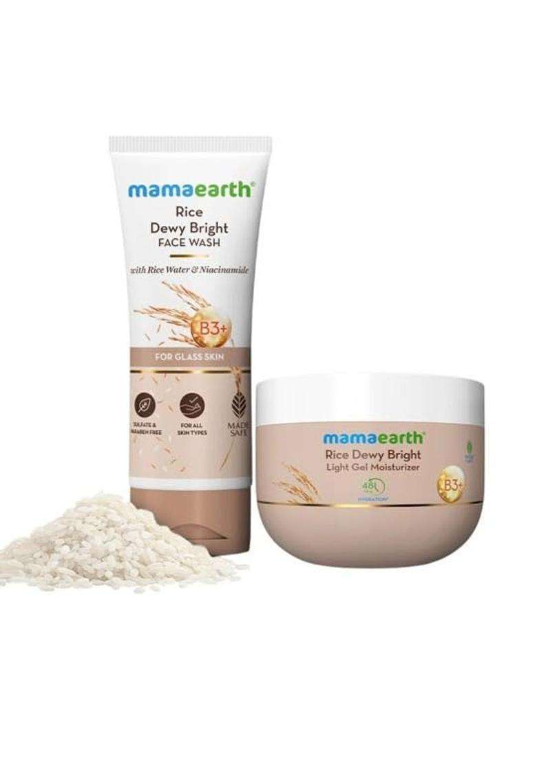 Mamaearth Rice Dewy Bright Face Wash- 100 ml & Gel Moisturizer- 200 g (Pack of 2) - Indya