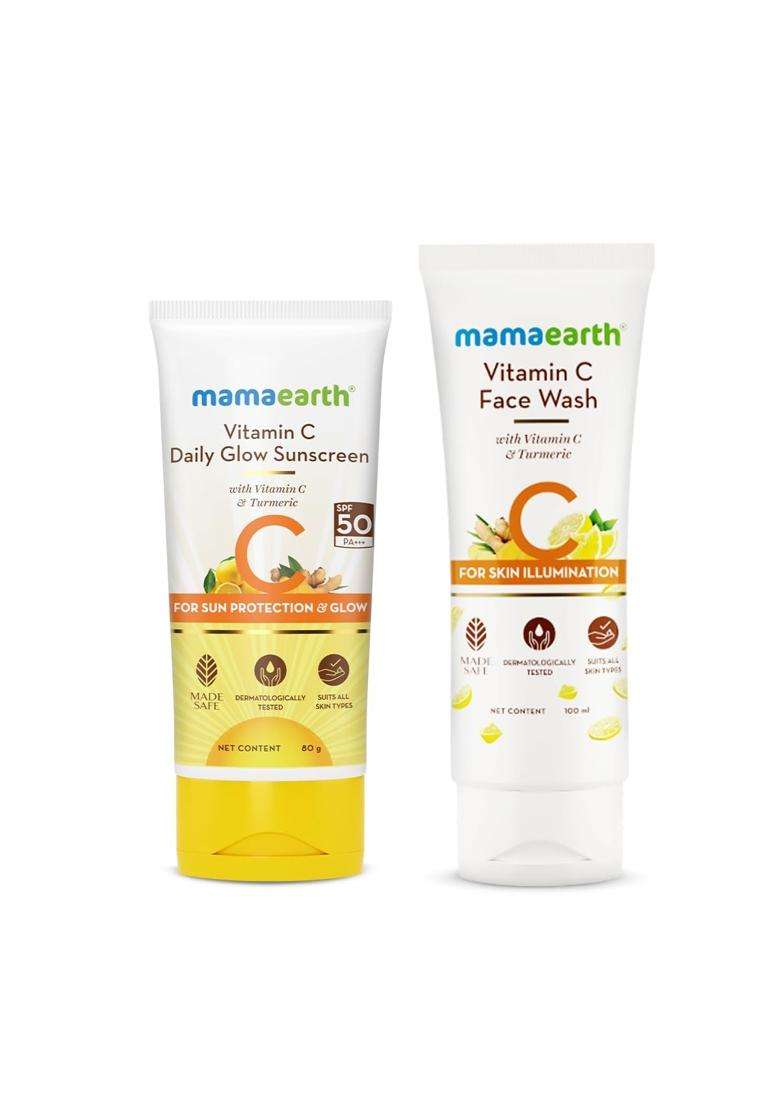Mamaearth Vitamin C Glow Getter Duo 100 ml | Vitamin C Face Wash | 100 ml & Vitamin C Daily Glow Sunscreen | 80 g | Brightens Skin - Indya