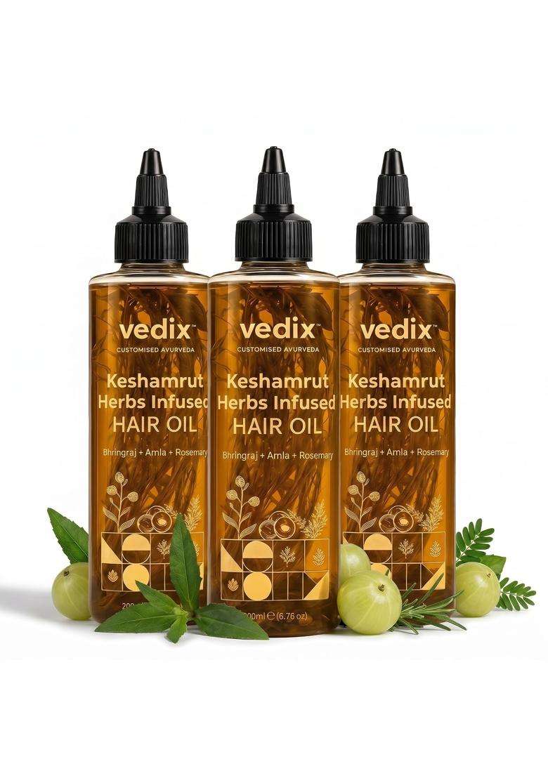 Vedix Keshamrut Ayurvedic Herb-Infused Hair Oil 200 ml (Pack of 3) | Authentic Traditional Formula - Indya