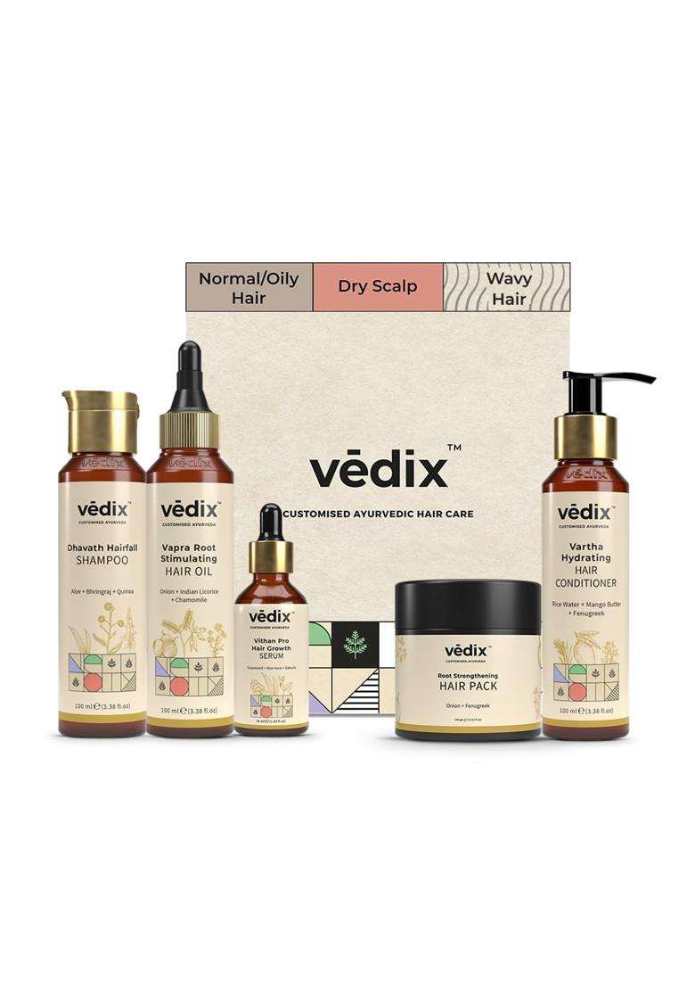 Vedix Ayurvedic Hairfall & Hair Growth 5 Pc Kit 440 ml | Authentic Traditional Formula | Dry Scalp & Wavy Hair - Indya