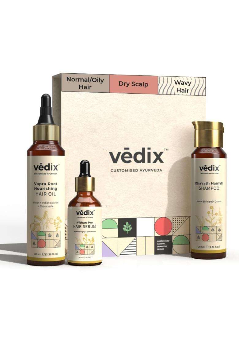 Vedix Ayurvedic Hairfall & Dandruff 3 Pc Kit 240 ml | Authentic Traditional Formula | Dry Scalp & Wavy Hair - Indya