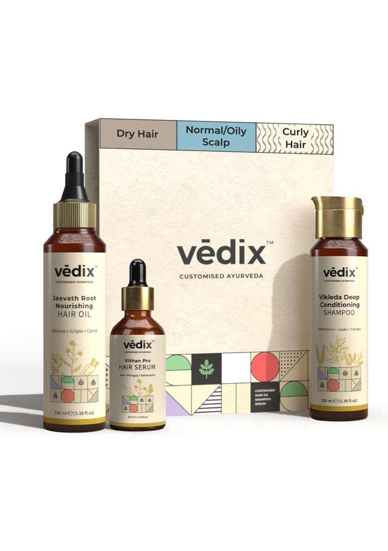 Vedix Ayurvedic Anti-Hairfall 3 Pc Kit 240 ml | Authentic Traditional Formula | Dry,Curly Hair | Normal/Oily Scalp - Indya