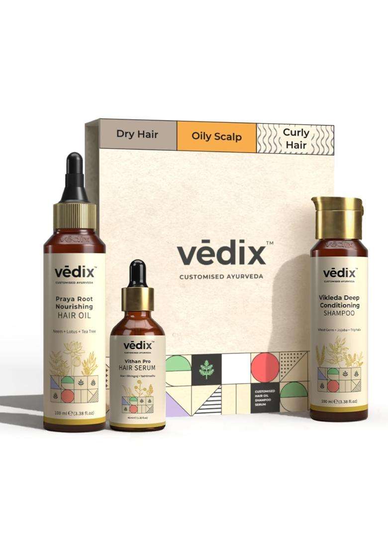 Vedix Ayurvedic Anti-Hairfall 3 Pc Kit 240 ml | Authentic Traditional Formula | Dry & Curly Hair | Oily Scalp - Indya