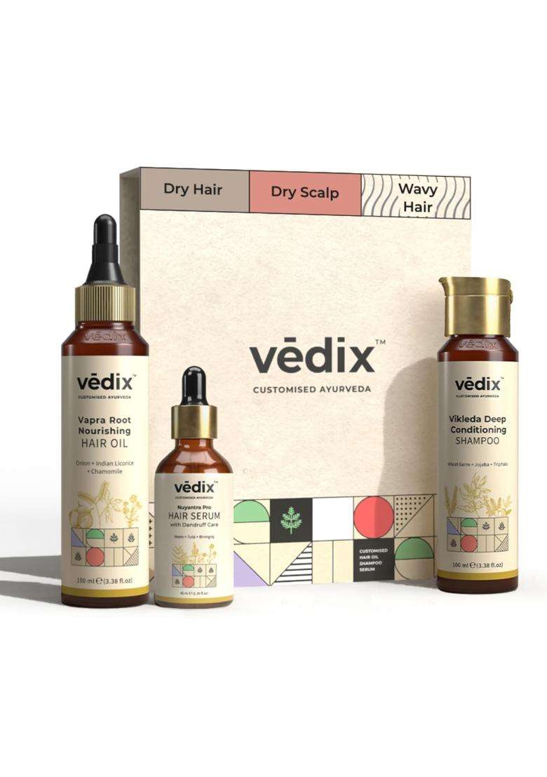 Vedix Ayurvedic Anti-Dandruff 3 Pc Kit 240 ml | Authentic Traditional Formula | Dry Scalp | Dry & Wavy Hair - Indya