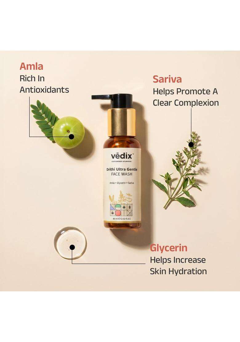 Vedix Drithi Ultra Gentle Ayurvedic Face Wash for Normal Skin 60 ml | Authentic Traditional Formula | Daily Cleanser with Amla, Glycerin & Sariva - Indya