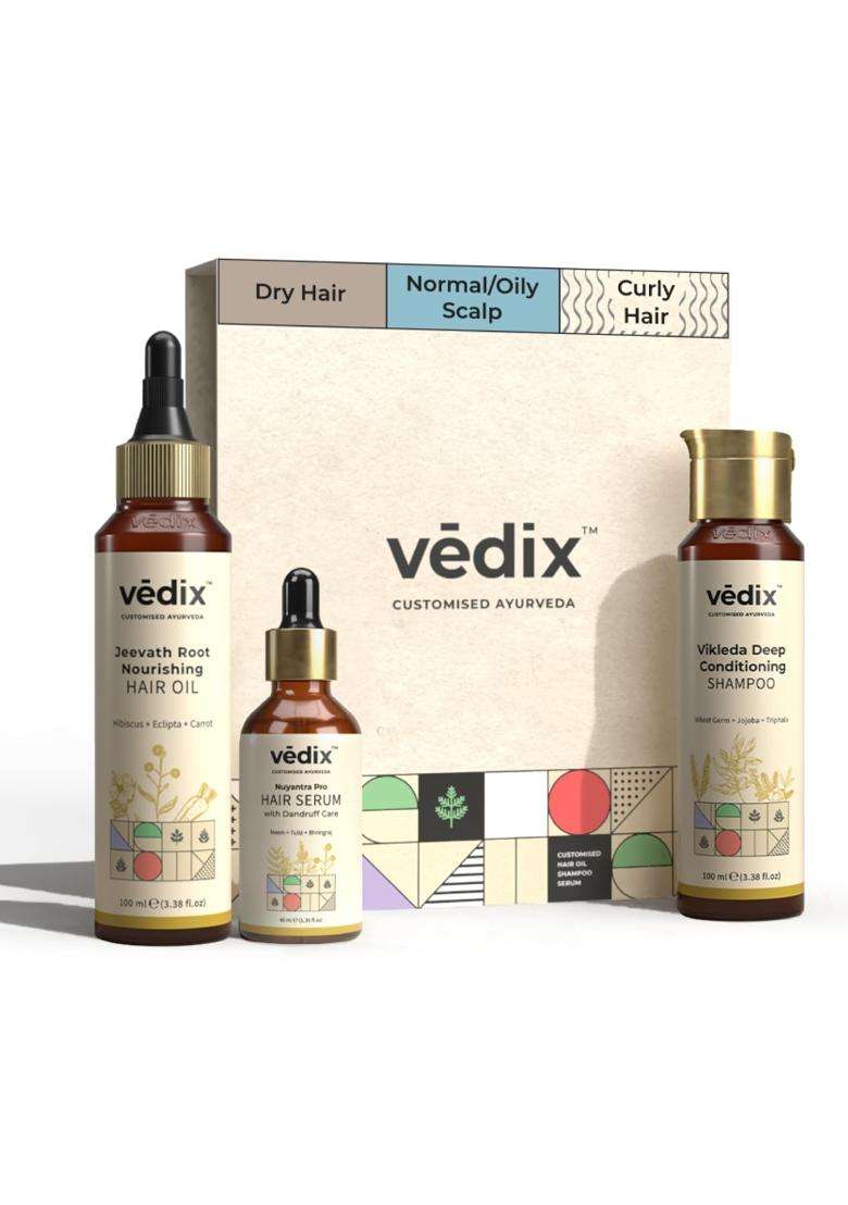 Vedix Ayurvedic Anti-Dandruff 3 Pc Kit 240 ml | Authentic Traditional Formula | Normal/Oily Scalp & Curly Hair - Indya