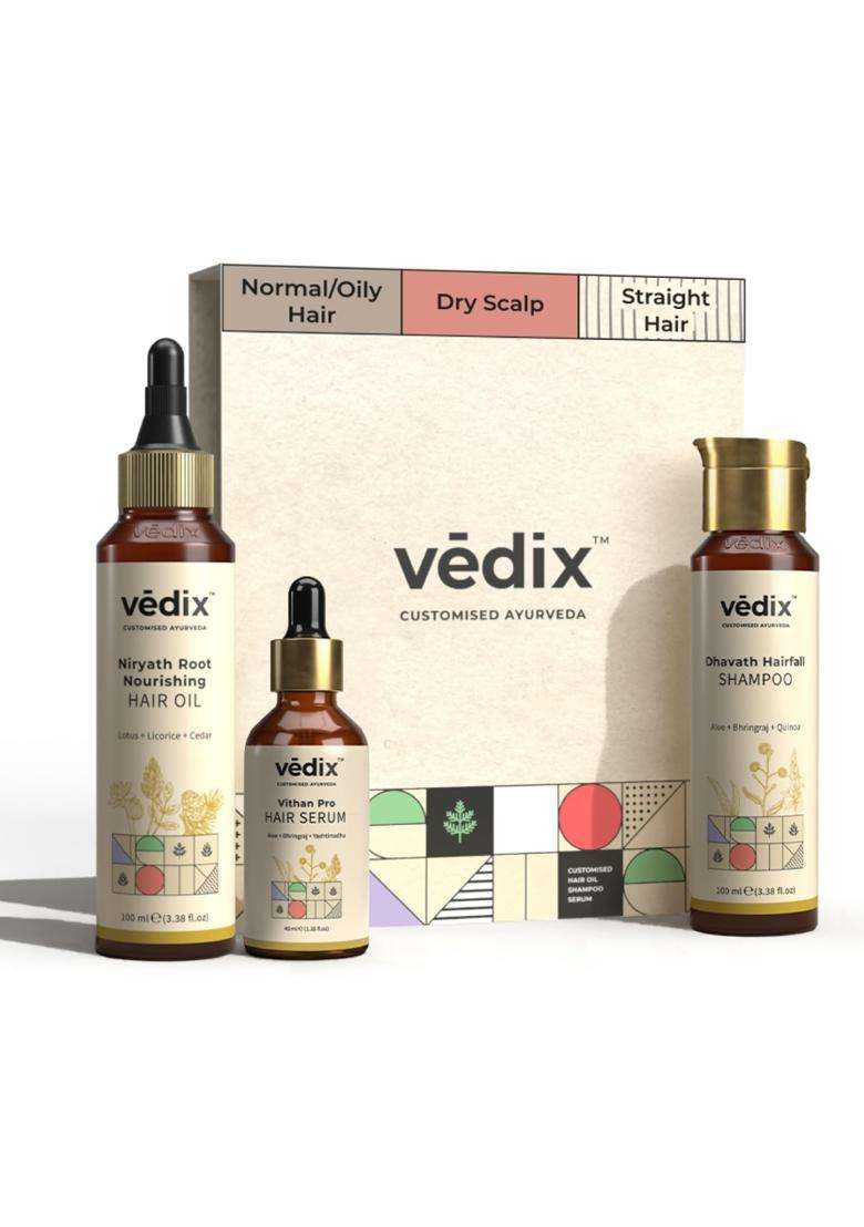 Vedix Ayurvedic Anti-Hairfall 3 Pc Kit 240 ml | Authentic Traditional Formula | Dry Scalp & Curly Hair - Indya