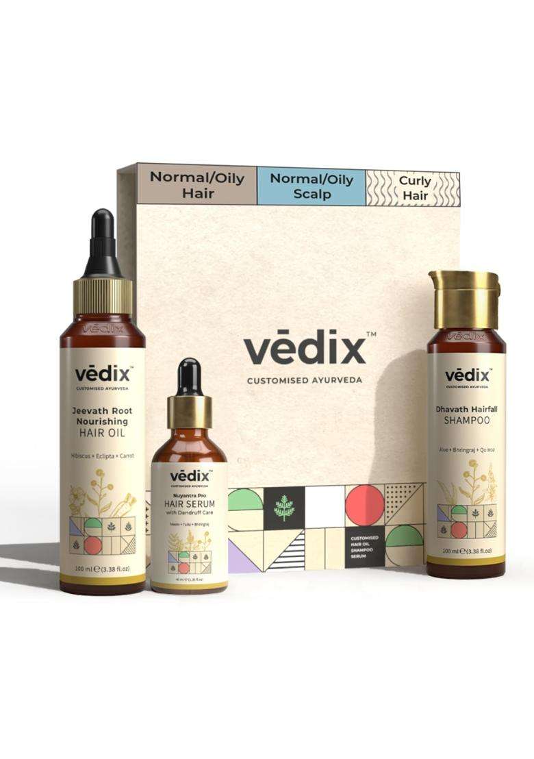 Vedix Ayurvedic Hairfall & Dandruff 3 Pc Kit 240 ml | Authentic Traditional Formula | Normal/Oily, Wavy Hair - Indya
