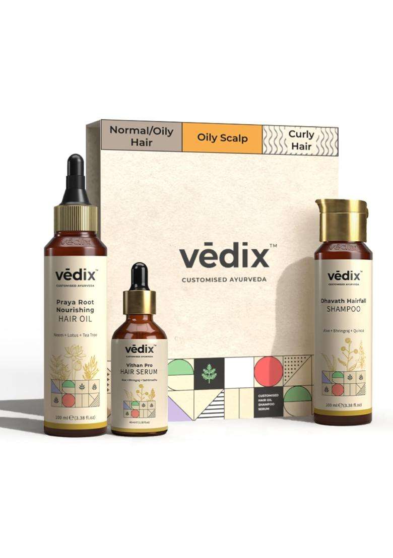 Vedix Ayurvedic Anti-Hairfall 3 Pc Kit 250 ml | Authentic Traditional Formula | Oily Scalp & Curly Hair - Indya