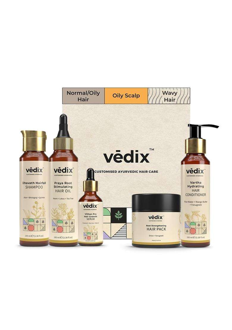 Vedix Ayurvedic Anti-Hairfall & Hair Growth 5 Pc Kit 440 ml | Authentic Traditional Formula | Oily Scalp &Wavy Hair - Indya