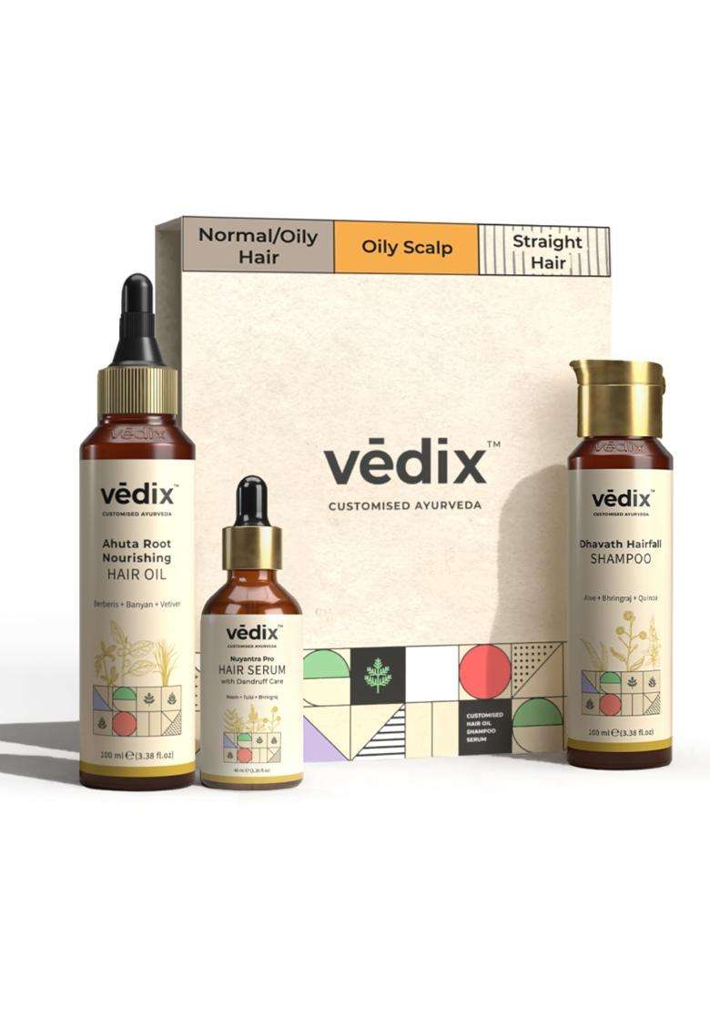 Vedix Ayurvedic Anti-Hairfall 3 Pc Combo 240 ml | Authentic Traditional Formula | Oily Scalp & Straight Hair - Indya