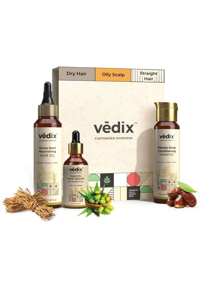 Vedix Ayurvedic Dandruff 3 Pc Kit 240 ml | Authentic Traditional Formula | Normal/Oily & Straight Hair | Oily Scalp - Indya
