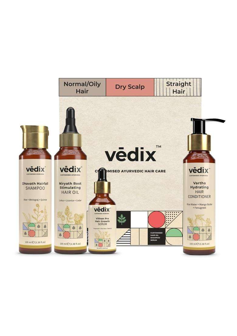Vedix Ayurvedic Anti-Hairfall 4 Pc Kit | Authentic Traditional Formula | Dry Scalp & Straight Hair - Indya
