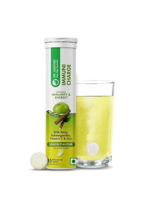 Dr. Vaidya's Immuni Charge Effervescent 15 Tablets per Pack | No Added Sugar | Boosts Immunity With Vitamin C, Amla & Zinc | Lemon Flavour