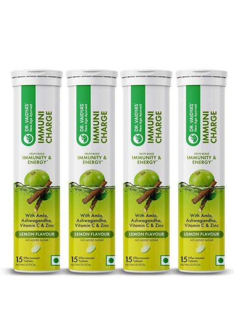 Dr. Vaidya's Immuni Charge Effervescent 15 Tablets Each (Pack of 4) | No Added Sugar | Natural Immunity Booster with Vitamin C, Amla & Zinc