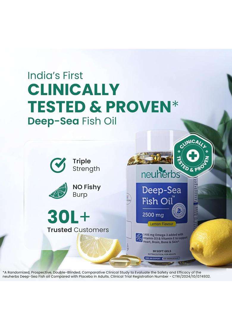 Neuherbs Deep Sea Omega 3 Fish Oil 30 Softgels, Omega 3 Supplement Triple Strength 2500 Mg for Muscle, Joints, Heart & Cognitive Support, No Fishy - Indya