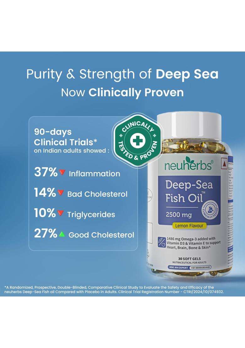 Neuherbs Deep Sea Omega 3 Fish Oil 30 Softgels, Omega 3 Supplement Triple Strength 2500 Mg for Muscle, Joints, Heart & Cognitive Support, No Fishy - Indya