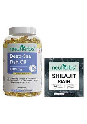 Neuherbs Omega 3 Fish Oil Capsules- 200 Softgels & Shilajit Resin-15 grams Combo for Men & Women | 892 Mg EPA and 594 Mg DHA