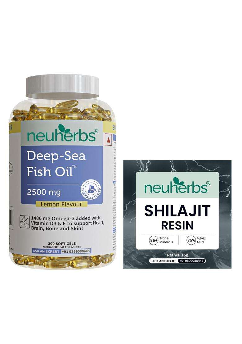 Neuherbs Omega 3 Fish Oil Capsules- 200 Softgels & Shilajit Resin-15 grams Combo for Men & Women | 892 Mg EPA and 594 Mg DHA - Indya