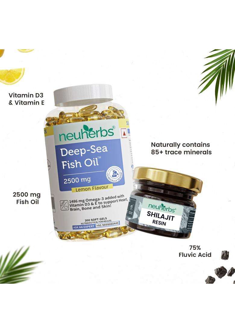 Neuherbs Omega 3 Fish Oil Capsules- 200 Softgels & Shilajit Resin-15 grams Combo for Men & Women | 892 Mg EPA and 594 Mg DHA - Indya