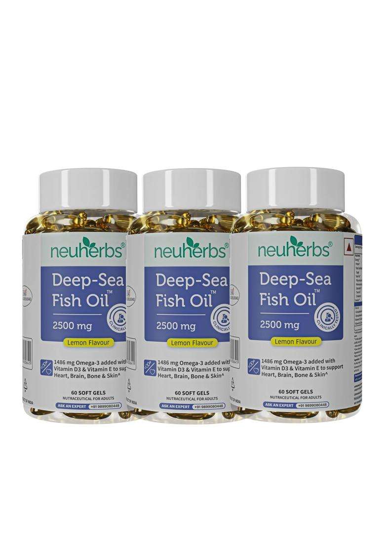 Neuherbs Deep Sea Omega 3 Fish Oil Capsules- 60 Softgels for Men & Women 892 Mg Epa and 594 Mg Dha (Pack of 3) - Indya