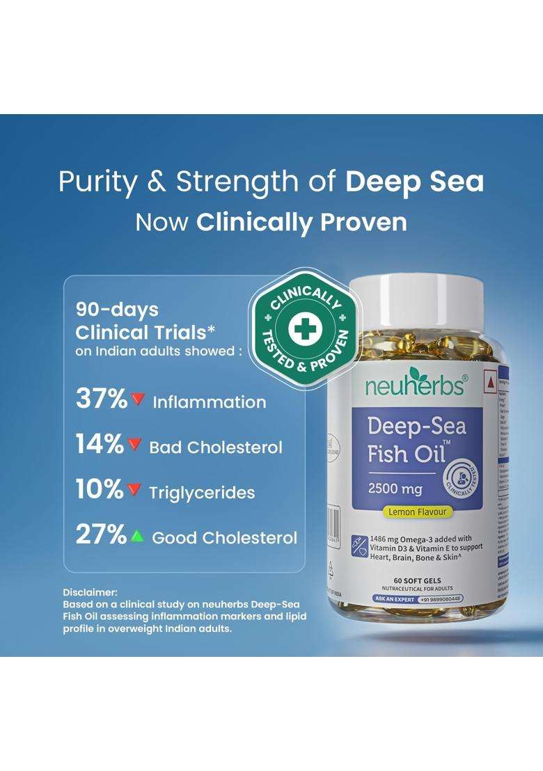 Neuherbs Deep Sea Omega 3 Fish Oil Capsules- 60 Softgels for Men & Women 892 Mg Epa and 594 Mg Dha (Pack of 3) - Indya