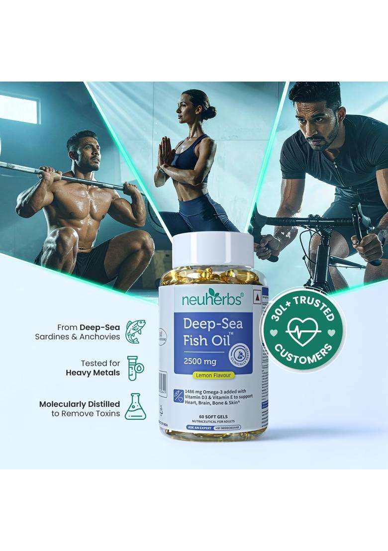 Neuherbs Deep Sea Omega 3 Fish Oil Capsules- 60 Softgels for Men & Women 892 Mg Epa and 594 Mg Dha (Pack of 3) - Indya