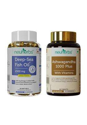 Neuherbs Deep Sea Omega 3 Fish Oil 2500 Mg Capsules & Ashwagandha 1000 Mg Combo for Men & Women- 60 units Each | 892 Mg EPA and 594 Mg DHA