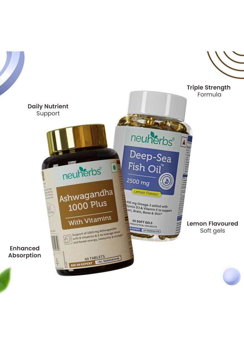 Neuherbs Deep Sea Omega 3 Fish Oil 2500 Mg Capsules & Ashwagandha 1000 Mg Combo for Men & Women- 60 units Each | 892 Mg EPA and 594 Mg DHA - Indya
