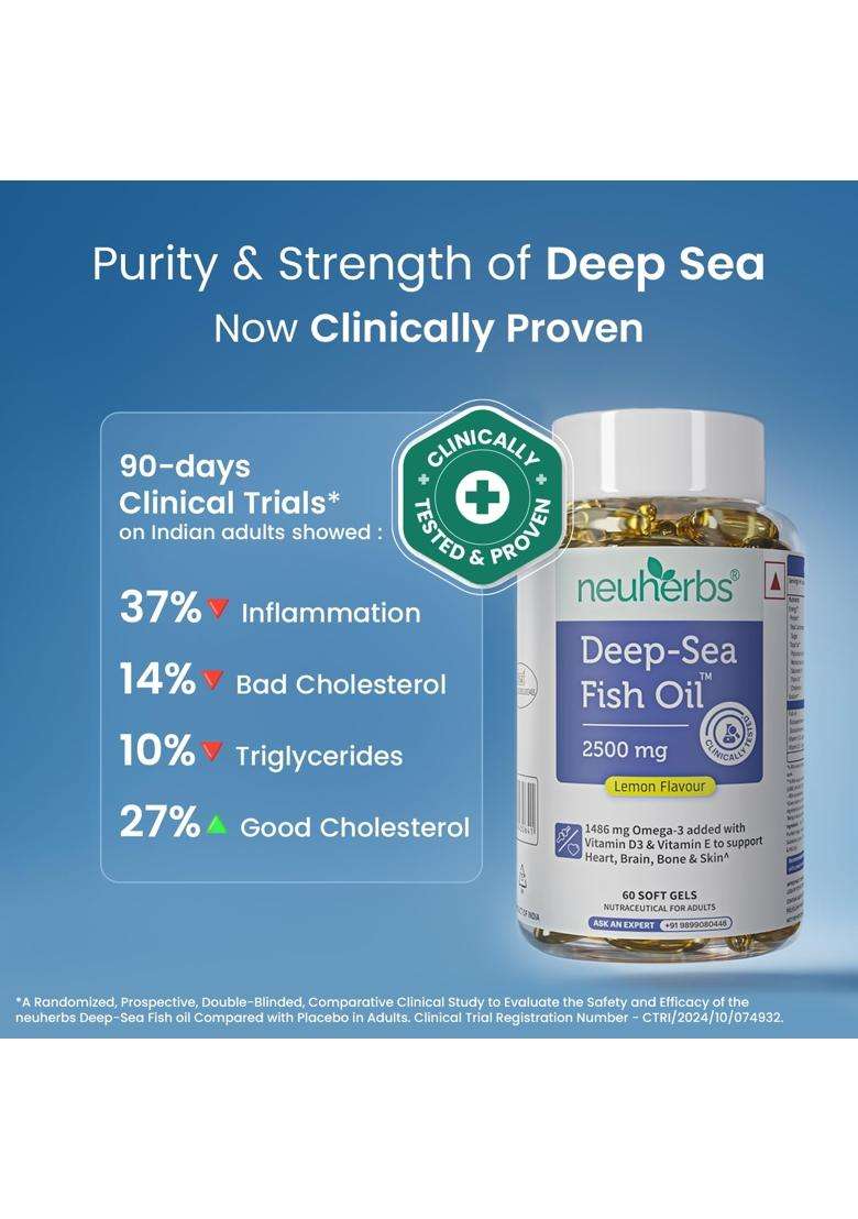 Neuherbs Deep Sea Omega 3 Fish Oil Supplement Triple Strength 2500 Mg, Essential Fatty Acid Combination of 1486 mg 892 mg EPA and 594 mg DHA per - Indya