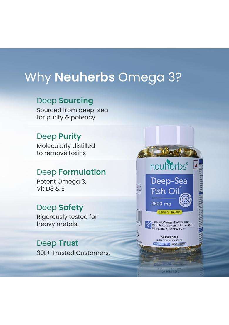 Neuherbs Deep Sea Omega 3 Fish Oil Supplement Triple Strength 2500 Mg, Essential Fatty Acid Combination of 1486 mg 892 mg EPA and 594 mg DHA per - Indya