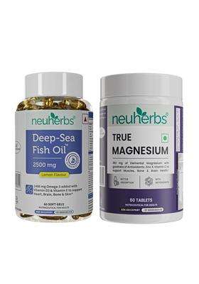 Neuherbs Deep Sea Omega 3 Fish Oil 2500mg & True Magnesium 1600mg, Wellness Combo (60 Units Each) with Vitamin D3, Vitamin C and Zinc