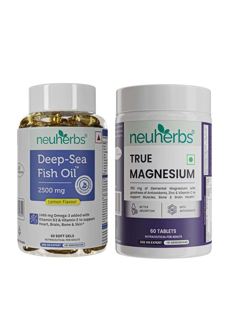 Neuherbs Deep Sea Omega 3 Fish Oil 2500mg & True Magnesium 1600mg, Wellness Combo (60 Units Each) with Vitamin D3, Vitamin C and Zinc - Indya