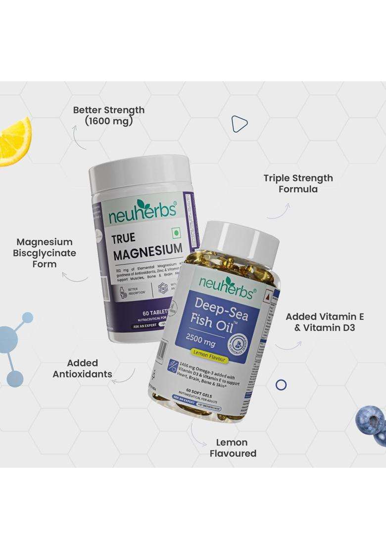 Neuherbs Deep Sea Omega 3 Fish Oil 2500mg & True Magnesium 1600mg, Wellness Combo (60 Units Each) with Vitamin D3, Vitamin C and Zinc - Indya