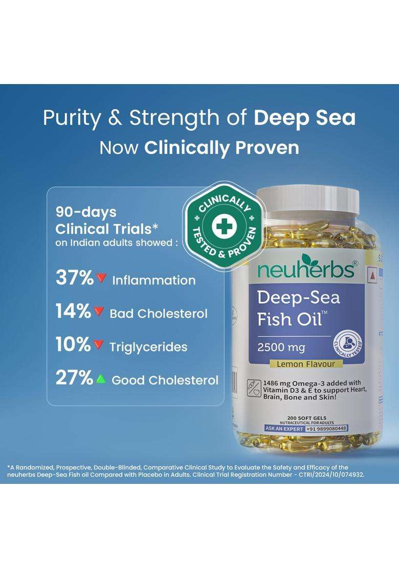 Neuherbs Deep Sea Omega 3 Fish Oil Capsules- 200 Softgels for Men & Women 892 Mg EPA and 594 Mg DHA | Lemon Flavour - Indya