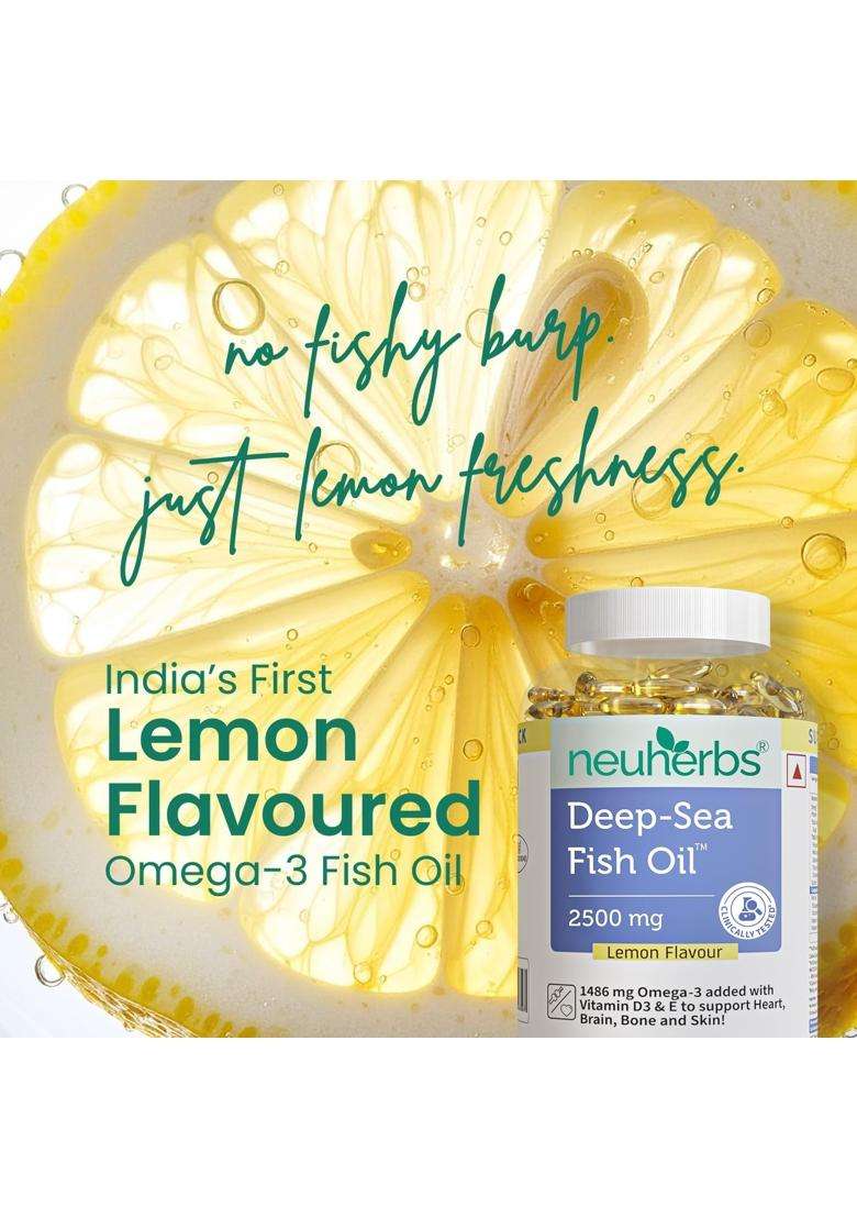 Neuherbs Deep Sea Omega 3 Fish Oil Capsules- 200 Softgels for Men & Women 892 Mg EPA and 594 Mg DHA | Lemon Flavour - Indya