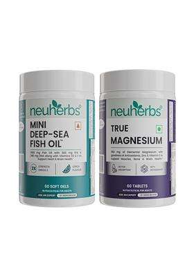 Neuherbs Mini Deep Sea Omega 3 Fish Oil (60 Capsules) & True Magnesium Glycinate Supplement (60 Tablets) | With Vitamin C, E & D3, Combo Pack