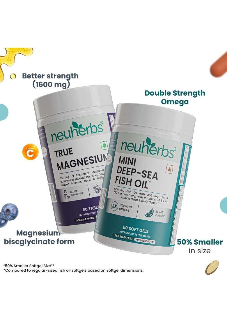 Neuherbs Mini Deep Sea Omega 3 Fish Oil (60 Capsules) & True Magnesium Glycinate Supplement (60 Tablets) | With Vitamin C, E & D3, Combo Pack - Indya