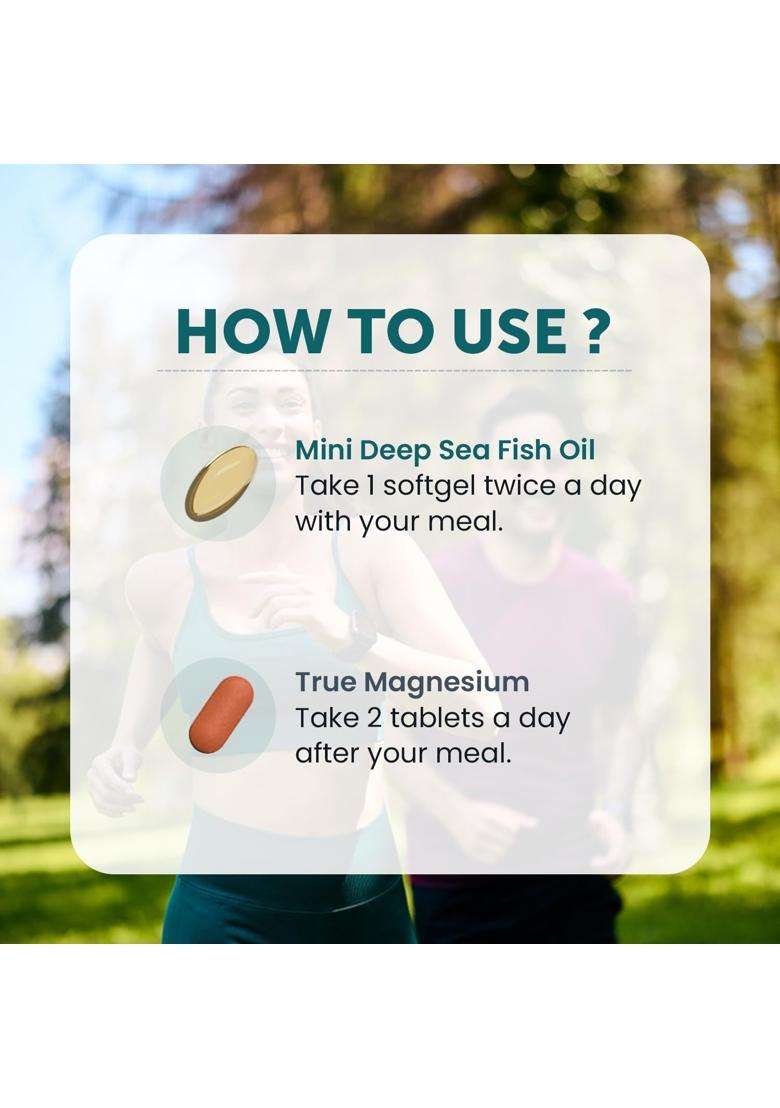 Neuherbs Mini Deep Sea Omega 3 Fish Oil (60 Capsules) & True Magnesium Glycinate Supplement (60 Tablets) | With Vitamin C, E & D3, Combo Pack - Indya