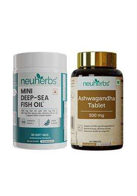 Neuherbs Mini Deep Sea Omega 3 Fish Oil (60 Capsules) & Ashwagandha 500mg (60 Tablets) | With EPA | 360mg, DHA | 240mg | For Heart, Brain & Muscle