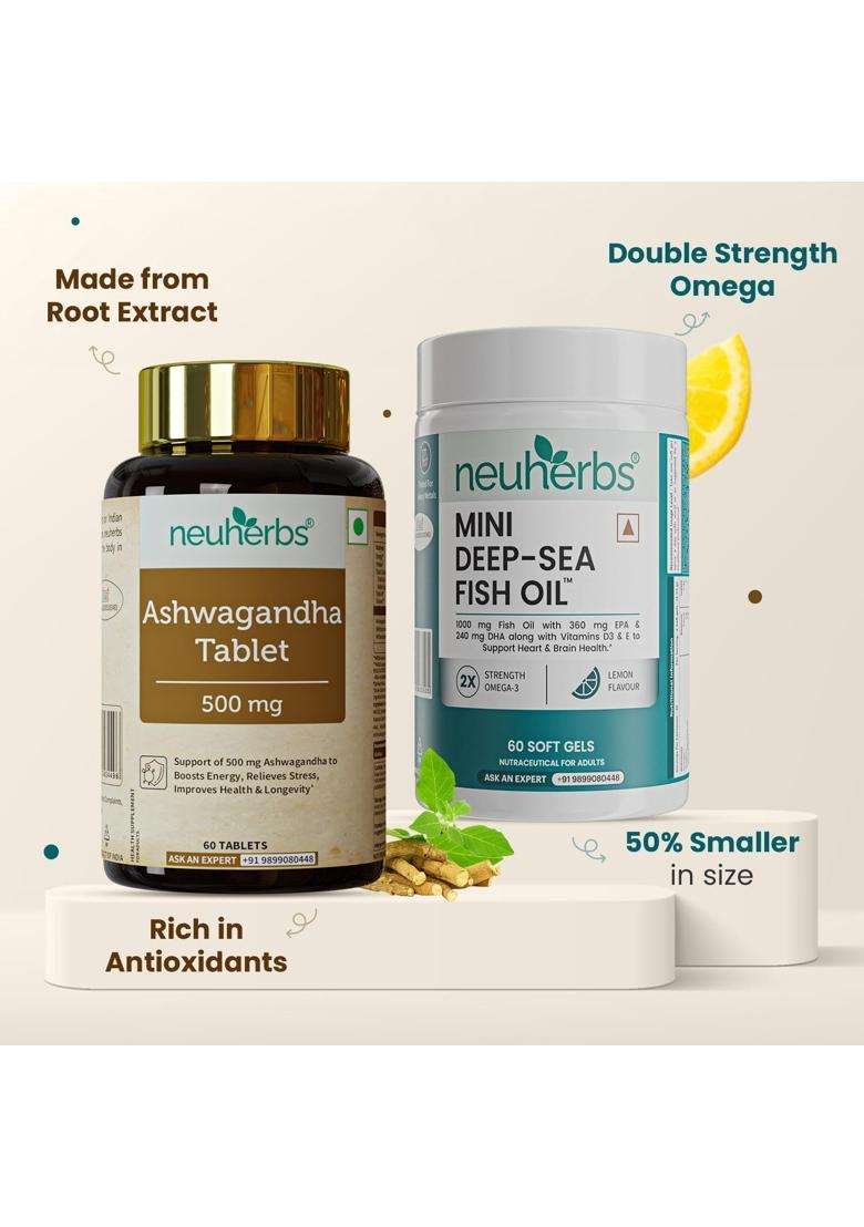 Neuherbs Mini Deep Sea Omega 3 Fish Oil (60 Capsules) & Ashwagandha 500mg (60 Tablets) | With EPA | 360mg, DHA | 240mg | For Heart, Brain & Muscle - Indya