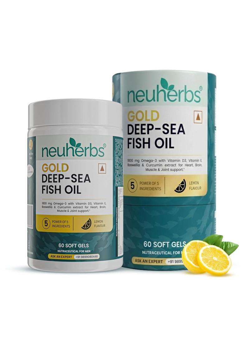 Neuherbs Gold Deep Sea 6X Omega 3 Fish Oil Capsules 1080mg & DHA | 60 Softgels | EPA | 720mg | Vitamin E & D3 For Muscle, Brain & Joints Support - Indya