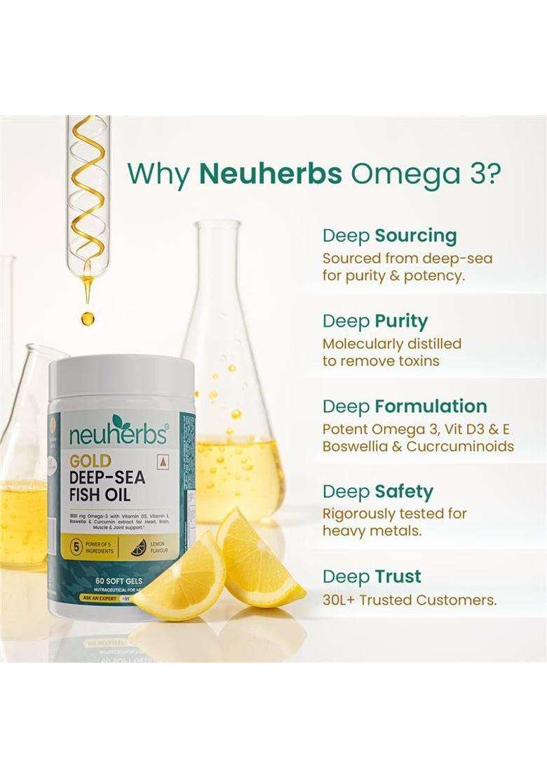 Neuherbs Gold Deep Sea 6X Omega 3 Fish Oil Capsules 1080mg & DHA | 60 Softgels | EPA | 720mg | Vitamin E & D3 For Muscle, Brain & Joints Support - Indya