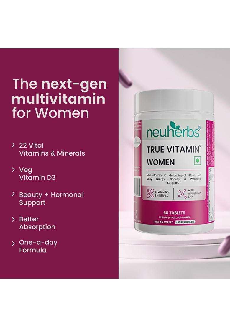 Neuherbs Multivitamin Tablets for Women 60 Count | True Vitamin Women Multivitamin with Vitamin C, B12, D, Iron, Zinc & Magnesium - Indya