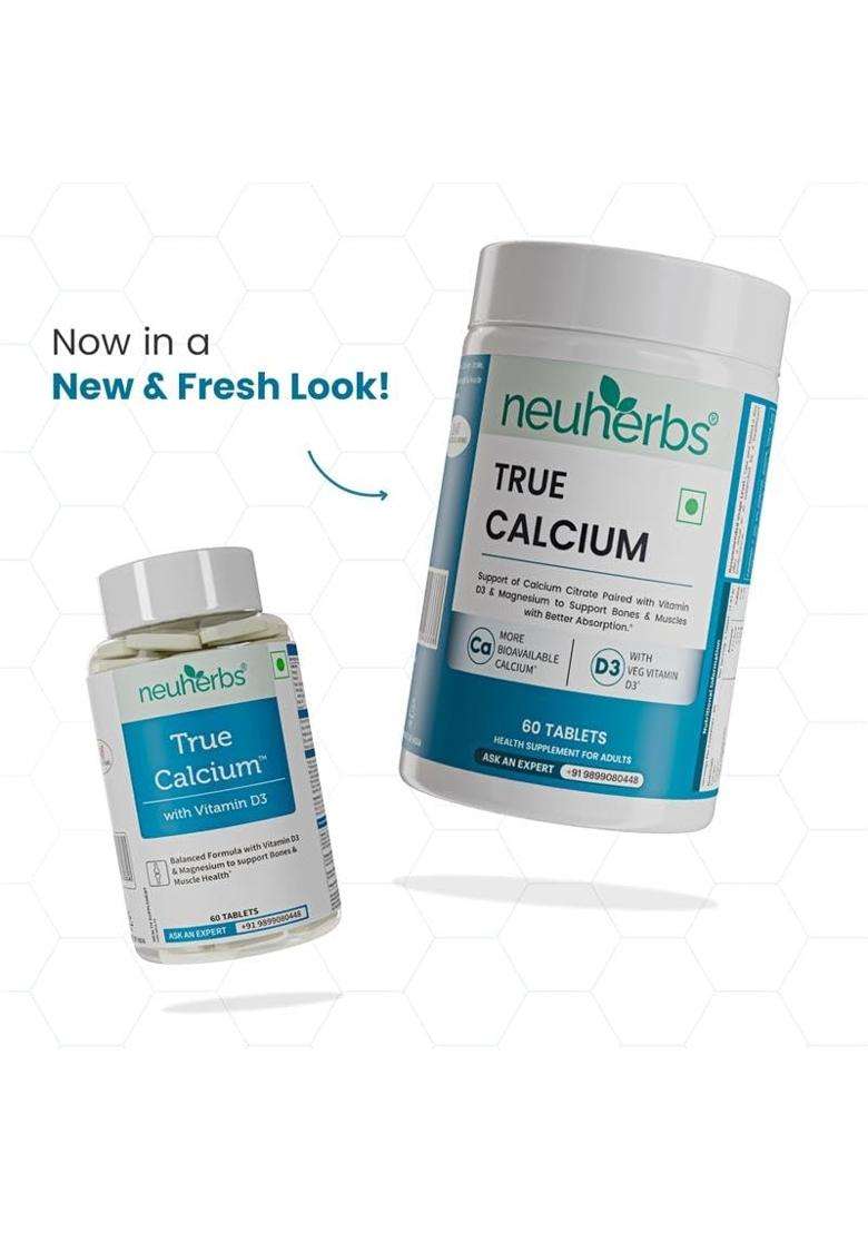 Neuherbs Calcium Tablets for Men & Women 60 Tablets | True Calcium With Vitamin D3 & Magnesium | Supports Bone, Joint & Muscle Health - Indya