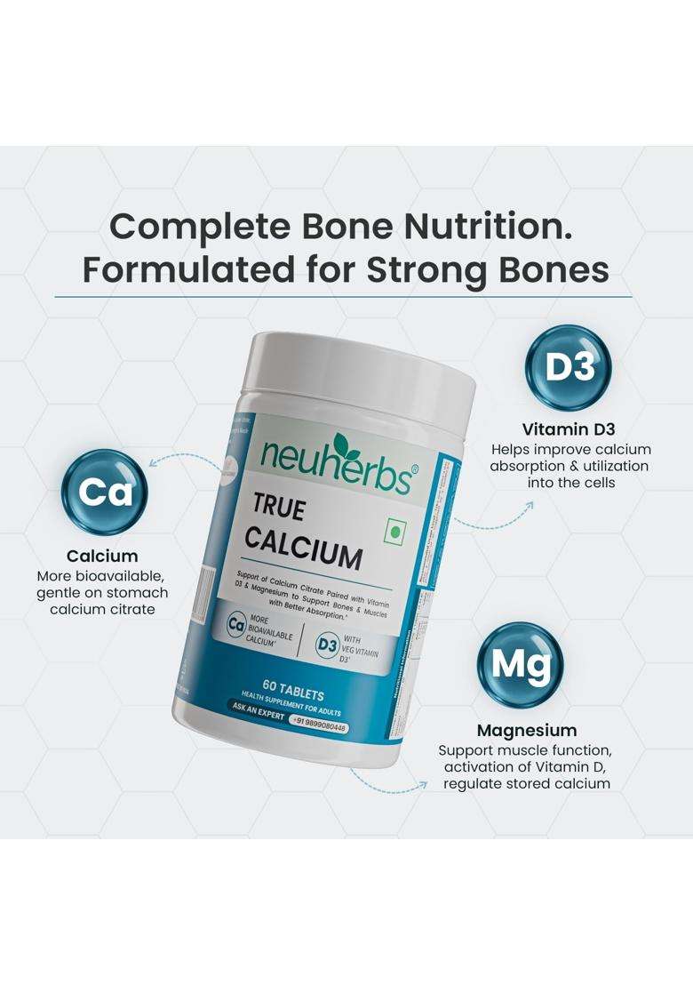 Neuherbs Calcium Tablets for Men & Women 60 Tablets | True Calcium With Vitamin D3 & Magnesium | Supports Bone, Joint & Muscle Health - Indya